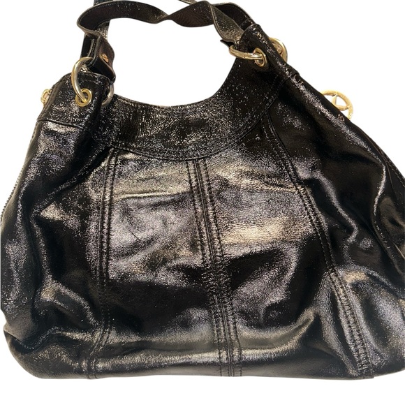 Michael Kors Shiny Black Patent Tote with Gold MK Charm - Picture 2 of 5